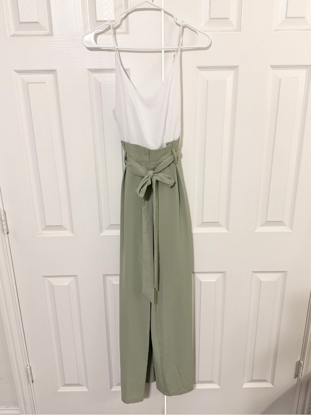 Altar'd State White & Sage Green Two-Tone Jumpsuit with Tie Waist